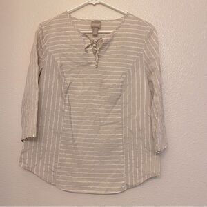 Chicos gold metallic striped lightweight 3/4 sleeve blouse tassel tie 0/S/4